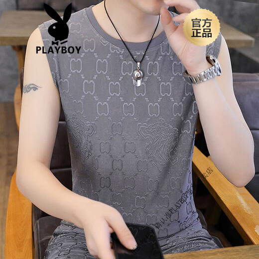 花花公子（PLAYBOY）2025夏季新款男士冰丝提花背心加肥加大码速干无痕无袖T恤衫 【单件上衣】Q6629灰色 3XL 170-190斤