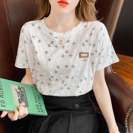 皮尔卡丹（PIERRE CARDIN）纯棉短袖t恤女白色半袖体恤夏装2025年新款韩版宽松女士夏季上衣 810蓝方块+897三色花 S 建议95斤以内