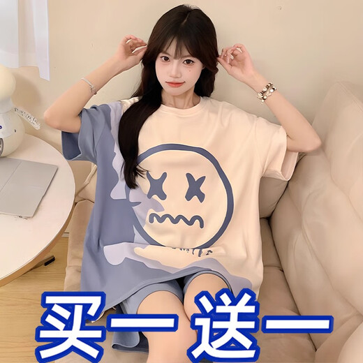 酷章（KUZHANG）睡衣女夏季纯棉短袖卡通休闲2025新款大码简约甜美少女家居服套装 273哭哭脸+693黑笑脸 XL 码110-125斤可穿
