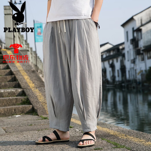 Playboy (PLAYBOY) ice silk wide-leg pants men's nine-point pants men's pants Chinese style bloomers large size loose harem pants khaki 2XL 145-160Jin [Jin equals 0.5 kg]