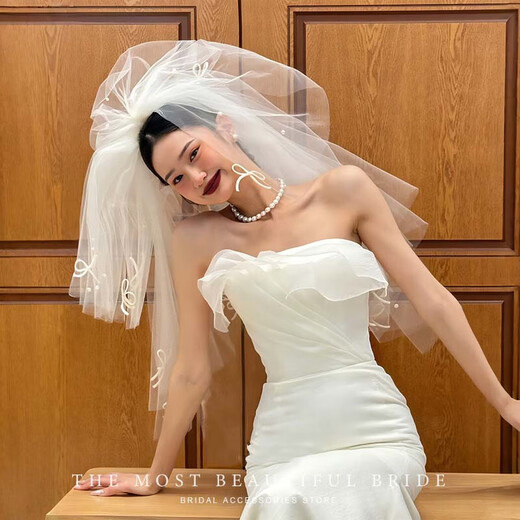 Bai Qixin Veil Proposal Super Fairy Beaded Bow Knot Bride Wedding Photo Collection Certificate Registration Bow Puffy Headdress Yunli Beaded Bow Tie Veil 75cm Hair Comb Style