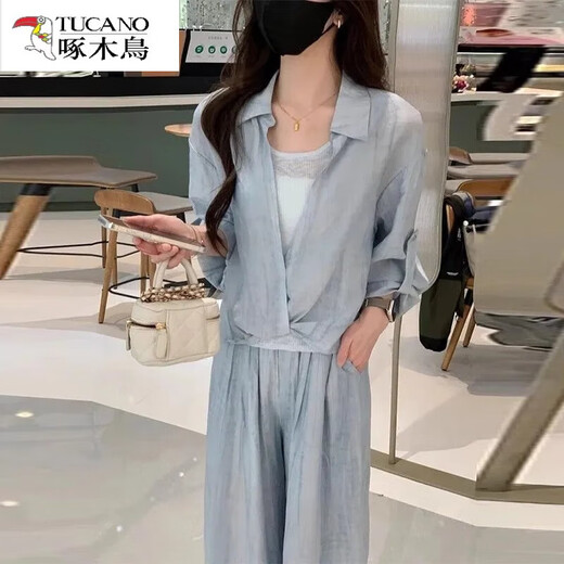 啄木鸟（TUCANO）冰丝透气休闲套装女夏季2025新款时尚洋气显瘦防晒中袖衬衫阔腿裤 灰色(两件套) S (建议80-100斤)