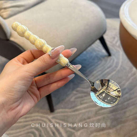 Stainless steel color pearl spoon household rice spoon household spoon small spoon plastic handle dinner spoon long handle round spoon boutique spoon white 1 piece