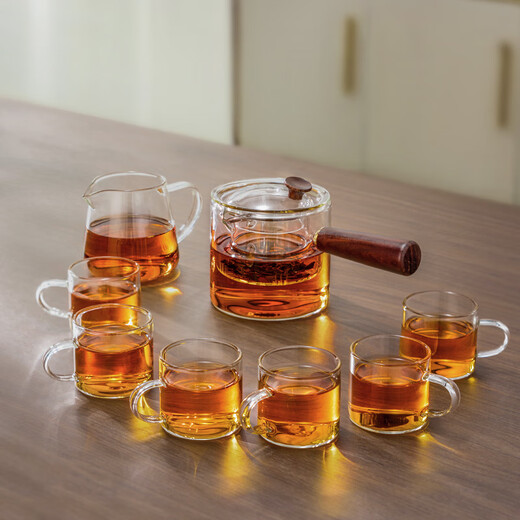 Yihutea (YIHUTEA) glass teapot tea set complete set teapot tea boiler home kung fu tea cup tea tray office tea drinking utensils thickened heat-resistant red sandalwood side handle 8-piece set