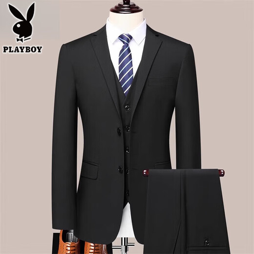 Playboy 2025 new high-end suit men's middle-aged business casual slim jacket professional suit Navy blue two-button top + pants + shirt get clothes L (suitable for 110-125Jin [Jin equals 0.5 kg])