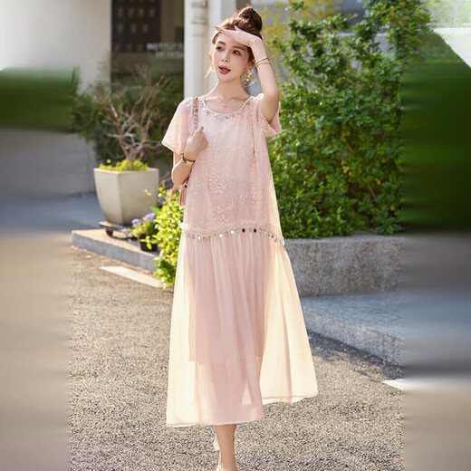 SGJ Luxury Brand Kleid für Frauen 2025 Sommer Neues französisches Retro-Modeperament süß und frischer Rock Aprikosenfarbe L (106-115jin [Jin gleich 0,5 kg]))