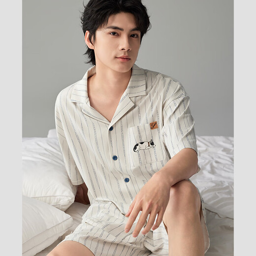 雅鹿睡衣男夏季凉感棉短袖卡通可外穿男士薄款夏天大码家居服 1391杏色 L