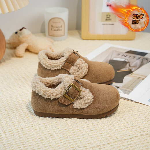 Girls' Birkenstock shoes plus velvet children's shoes 2025 winter new little girl's cotton shoes autumn and winter edamame shoes khaki color size 34 inner length 20.8cm