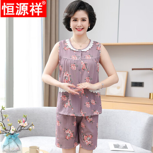 Hengyuanxiang summer new pure cotton pajamas women's sleeveless vest shorts cardigan suit middle-aged and elderly mothers simple home clothes 9720# cardigan M
