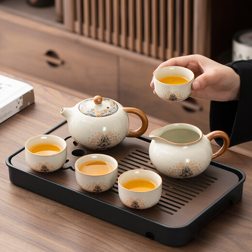Tangfeng Ru Kiln Kung Fu tea set complete set for home office reception and tea making special ceramic teapot teacup teatray small set Four Autumn Tea Tray + Jiangya Xishi Pot + 4 male cups