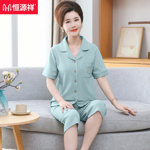 恒源祥妈妈开衫睡衣女夏季纯棉短袖七分裤大码薄款中老年妈妈家居服套装 9892# M 【建议80-100斤】