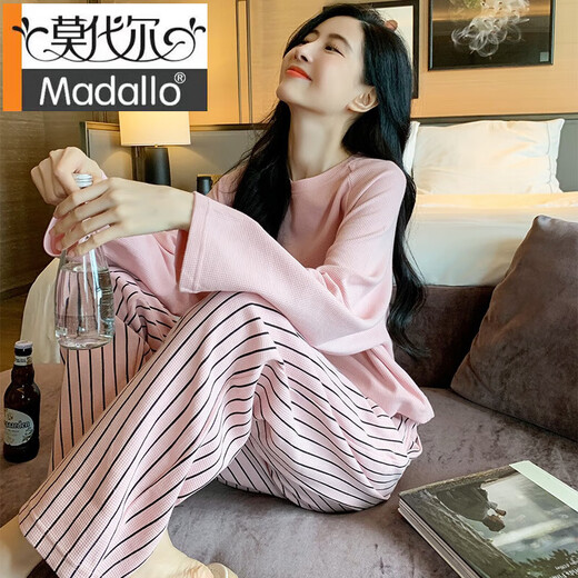 莫代尔睡衣女春秋款纯棉长袖网红风秋天2024年新款条纹家居服套装可外穿 9719女 M