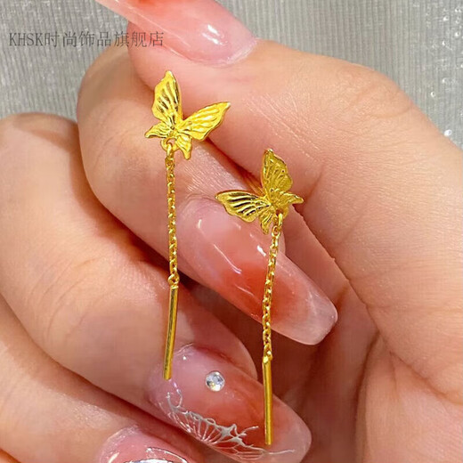KHSK Old Phoenix 999 pure gold Jun Nian Jade 24K pure gold butterfly ear wire new long tassel earrings for women