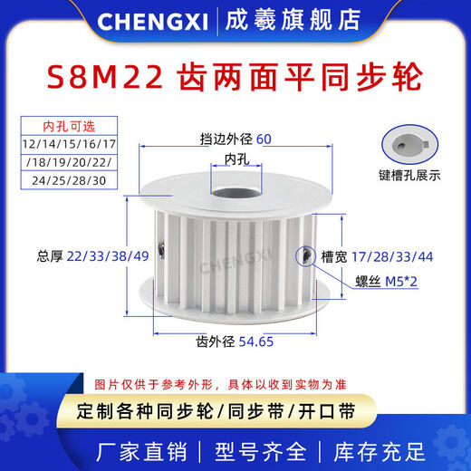 S8M22齿同步带轮AF22S8M两面平槽宽17/28/33/44同步轮现货 22S8M150AN22键槽孔733