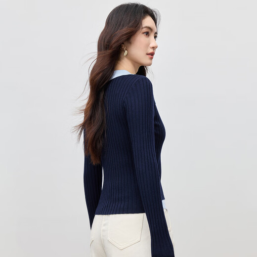 Shandubila wool fake two-piece sweater for women in autumn with contrasting color splicing polo collar slim stretch top