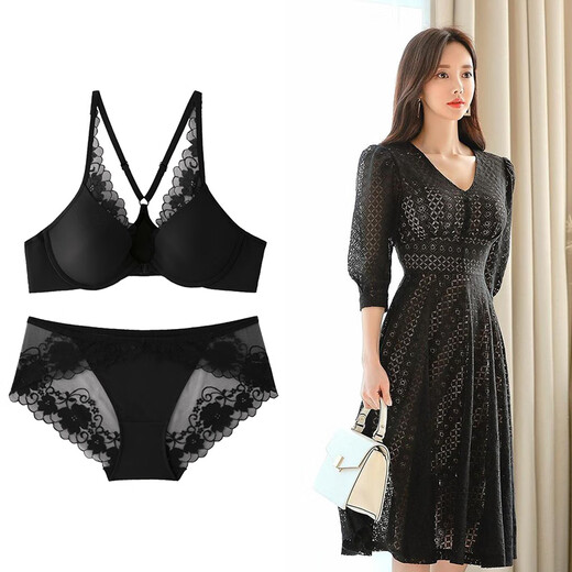 维多利亚宫廷前扣文胸小胸聚拢法式软钢圈蕾丝文胸性感交叉美背调整型内衣套装 黑色 75A /34/M内裤