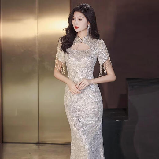 Rich collar evening dress for women, high-end, light luxury, dignified and decent host, niche high-end engagement banquet, fishtail skirt, picture color S