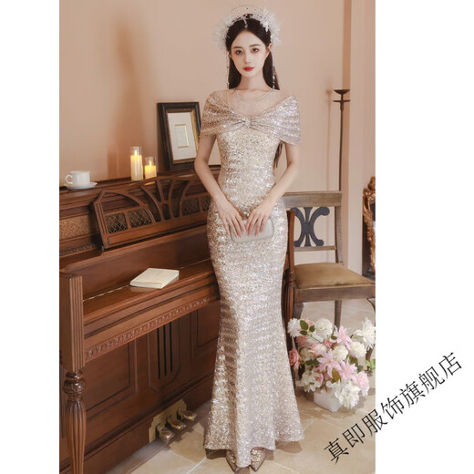 True Champagne Color Fishtail Party Vestido de noche para mujeres Nuevas ropa de tostada de nicho de lujo de alta gama para la novia Sense Sense Champagne Color s