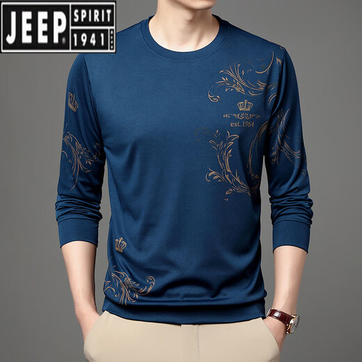 JEEP SPIRIT吉普中青年夏季冰丝长袖t恤男士薄款圆领2025新款中年男打底衫t恤 B6627绿色 3XL 185/125/56175-185斤