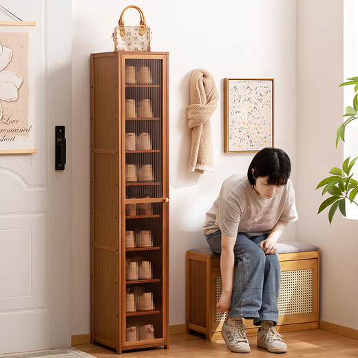 Trojan shoe cabinet door entry cabinet integrated wall-mounted home shoe rack extremely narrow multi-layer entrance cabinet living room storage partition cabinet mesh breathable door brown-seven layers 28 long