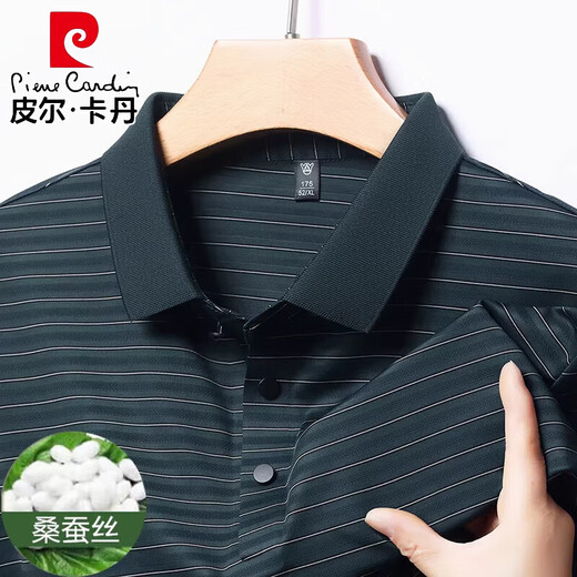 皮尔卡丹（pierre cardin）夏季中年男士桑蚕丝短袖t恤翻领条纹爸爸装体恤polo衫 H9866灰色 M 165 推荐90-120斤