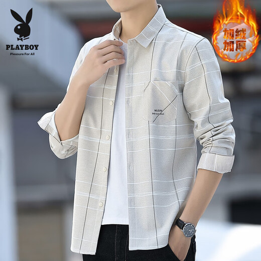 花花公子（PLAYBOY）男士秋季装加绒加厚长袖衬衫韩版内搭条纹衬衣潮流翻领保暖衫上衣 H9901红色 加绒 花花公子正品 M 90-104斤 花花公子正品