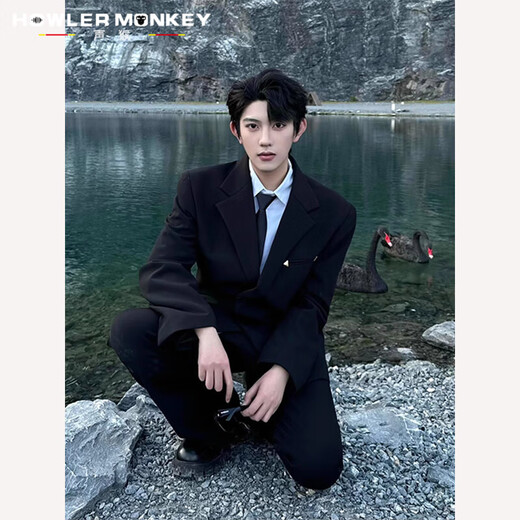 Sound Monkey suit suit men's slim fit men's suit jacket casual suit dress silhouette three-piece niche designer suit suit jacket + white shirt + trousers, free tie XL (115-130Jin Jin equals 0.5 kg)