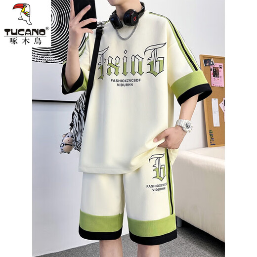 Woodpecker (Tucano) Freizeitanzug Herren Sommer Trendy Ice Seide Sport kurzärmelige Shorts Herrenanzug ein Set mit gutaussehenden Teenagern-Kleidern 10909-dt681 m weißer Anzug L 175 (Empfohlen 120 ~ 145jin [Jin gleich 0,5 kg]))