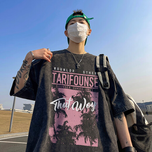 Camiseta de manga corta para hombres para hombres en verano 280 gramos pesado lavado para hombres HIP-HOP HIP-HOP de gran tamaño Camiseta de media manga de la mano T733 Lavado negro M