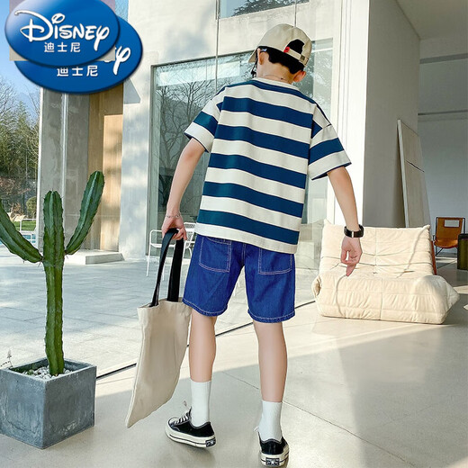Camiseta a rayas de Disney Boy Camiseta de manga corta 2025 Summer NUEVA CORA COREANA COREANA Top Big Children Street Algodón Half-manga 9732 Striegas + 1227 Negro [comerciante, ropa de moda 120 cm