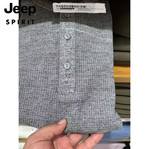 Jeep Spirit High poids Waffle Henry Collar à manches longues T-shirt Men's Curved Hem-Breakfast Breakfast Loose Casual Bottom Shirt Black C4BHB-JX9918 S 90JIN [Jin est égal à 0,5 kg] -110jin [Jin est égal à 0,5 kg]