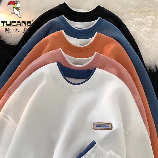 Woodpecker long-sleeved T-shirt men's round neck bottoming shirt for men and women couples autumn and winter youth loose sweatshirt men's top white regular XL (recommended weight 120-140Jin Jin equals 0.5 kg)
