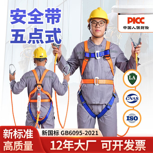 Five-point safety belt, high-altitude work safety belt hook, national standard anti-fall full-body safety rope safety suit, waist protection, European-style buffer double hook 2 meters