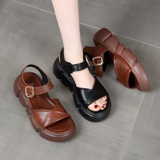 
Red Dragonfly Comfortable and All-match Sandals Fish Mouth Roman Shoes Women's Thick Sole Large Size Sponge Cake Casual Anti-Slip Toe 2025 Summer Black 37