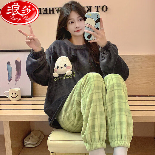 浪莎新款珊瑚绒睡衣女款秋冬季加绒加厚高级感国风熊猫休闲家居服套装 SSM844 L [100-120斤
