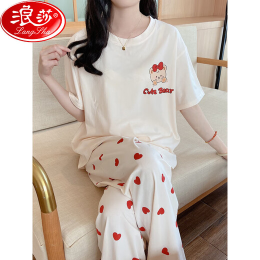 Langsha Pajamas Summer Cotton puro algodón 2025 Nuevo pantalones de manga corta Simples Cartoon Home Traje Spring y Otoño Wear 6626 Puppy de pollo amarillo M