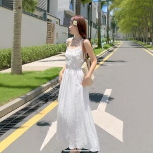 永恒都市复古法式气质立体贴花吊带小个子女清凉感连衣裙夏 9906#白色 均码