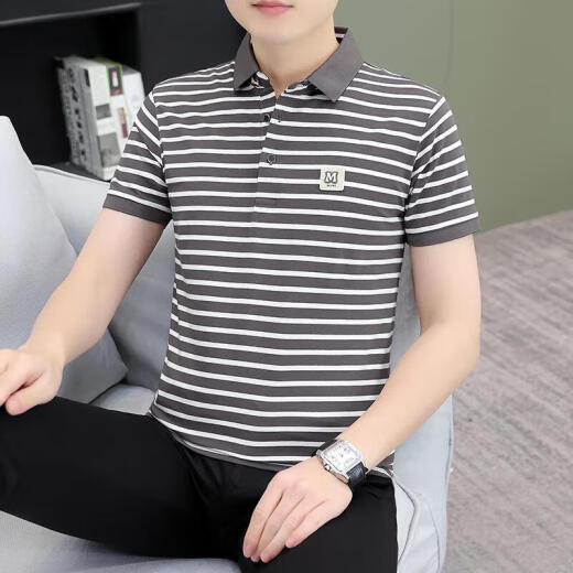 森马（Semir）商场同款男装夏季条纹男士短袖体恤纯棉休闲百搭polo衫男装中年带 黑白QY753 3XL [建议160-180斤]