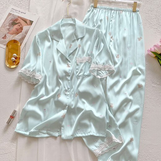Pajama de seda de hielo transfronterizo antártico para mujeres Lindo estilo Bear Summer NUEVO ALIMO ALIMO CAREATE Pantalones de manga corta Conjunto de ropa para el hogar YFY9905# M 170 [sugerido 80-100Jin [Jin iguala 0.5 kg]]]
