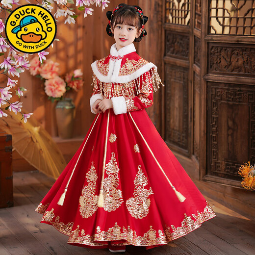 G.DUCKKIDS Girls Winter Dress New Year Clothes Children Autumn Winter Skirt Red Dress 2025 New Hanfu New Year Clothes A2355 Plus Velvet + Hairpin 110 cm