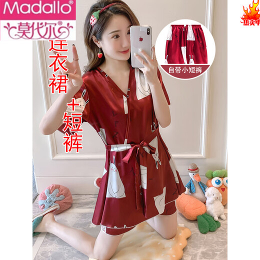 莫代尔新款冰丝睡裙女夏季薄款性感加大码200斤胖m和服连衣裙两件套睡衣 1278白色圆圈字母【连衣裙+短裤 M 【80-95斤】