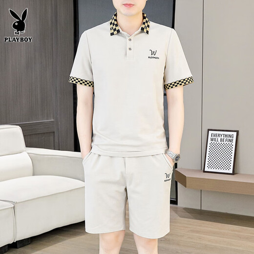 Playboy (Playboy) High-End-Lapel-Shorts-Shorts-Shorts für Herren-Sommer-High-End-Freizeitsportarten zweiteiler Set Herren-Kleidung für Herren bequeme, off-weiße 9902 [Set] M [Vorgeschlagen 90-105jin [Jin gleich 0,5 kg]]]