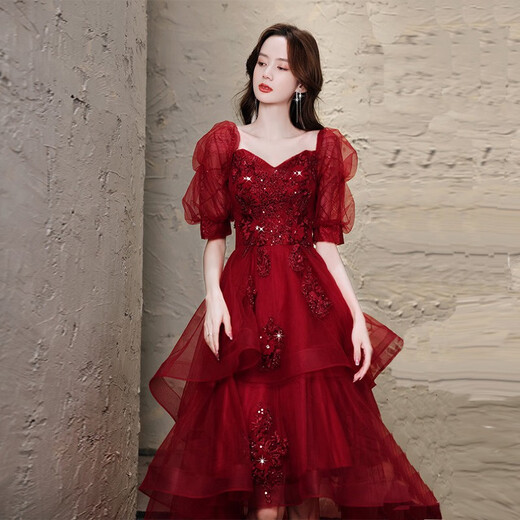 Jianfang Toast Clothes Bride 2025 New Spring and Summer Brewery Wedding Puff Sleeve One-Shoulder Escape Princess Dress Evening Dress Brewery Short Front and Long Back XS