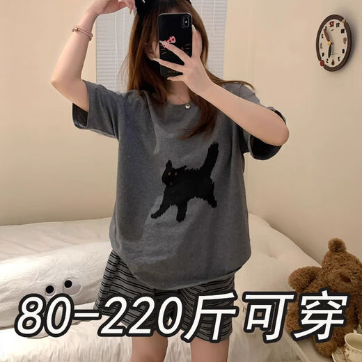 奢依君（SHEYIJUN）吉伊卡哇睡衣 夏天女夏季短袖短裤宽松大码学生卡通薄款家居服套 693黑笑脸【夏季】 M 【80-95斤穿】