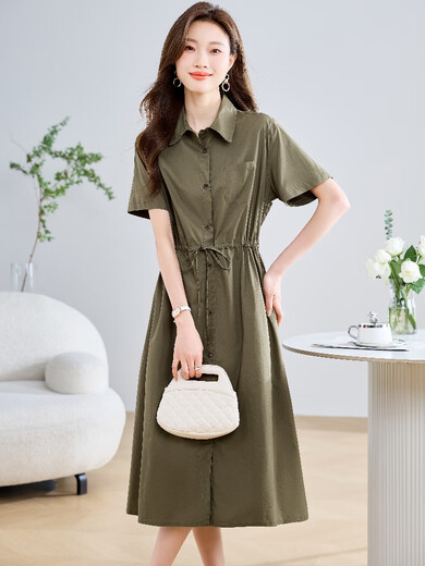 TJQ ​​Luxury High-End-Marke-Hemdkleid für Frauen 2025 Sommer Neue mittlere mittelgroße Abschleife und Taillenbaus, gelegentliches Rock Military Green M Empfohlen 115jin [Jin entspricht 0,5 kg]
