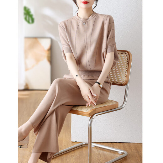妈妈装2025新款春装两件套气质冰丝短袖中老年女夏季针织套装 9928灰绿 M _【建议85-100斤】