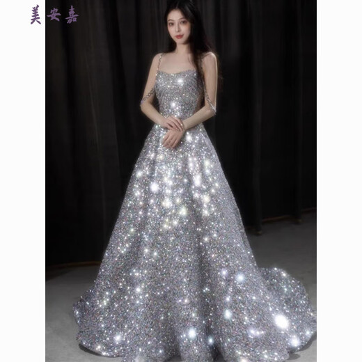 Mei Anjia starry sky sequined evening dress with light luxury temperament annual meeting host engagement wedding dress toasting dress bride silver sequin style XL