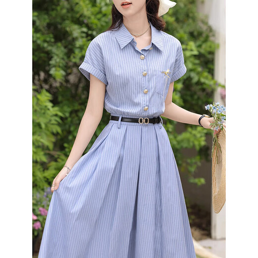 [Give a belt] Literary and elegant blue dress for women 2025 new summer slim dress D1390 Blue M [100-110Jin[Jin equals 0.5 kg]]