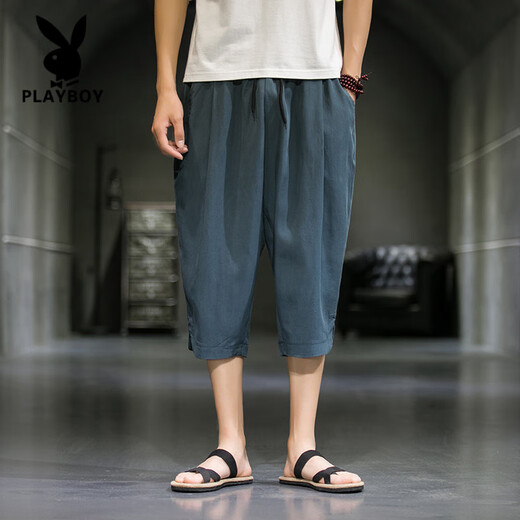 花花公子（PLAYBOY）冰丝七分休闲裤男中国风夏季薄款运动短裤大码宽松哈伦裤垂感裤子 黑色 M 100-115斤
