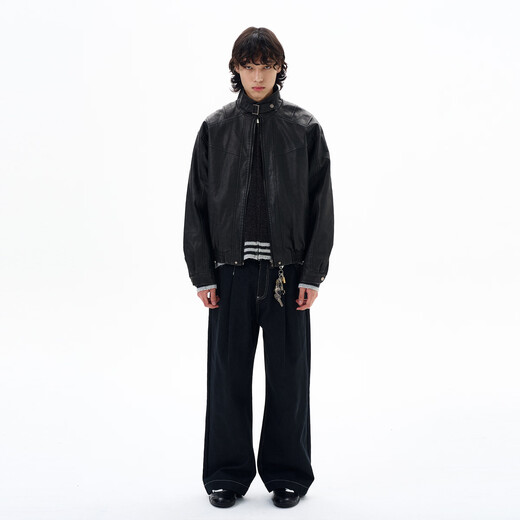 Weilang's shop autumn American washed distressed stand collar leather jacket men's high-end handsome deconstructed jacket couple New Year green coffee color L